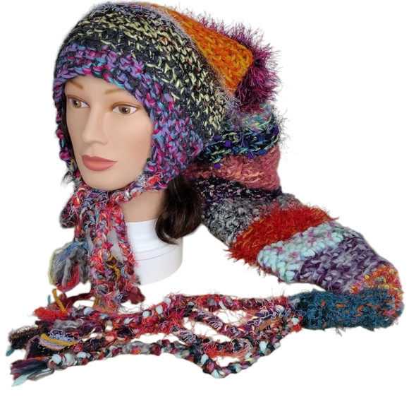 Bohemian long cone shape warm knit colorful Slouchy women's hat - Picture 2 of 6